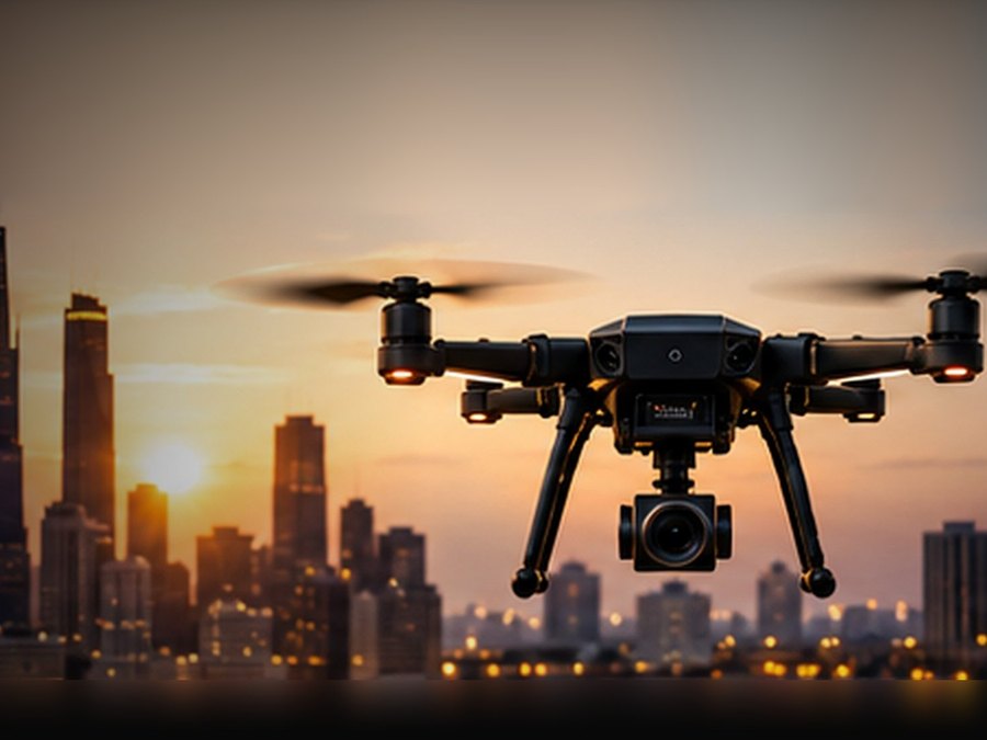 A black drone flying over the Chicago skyline at sunset