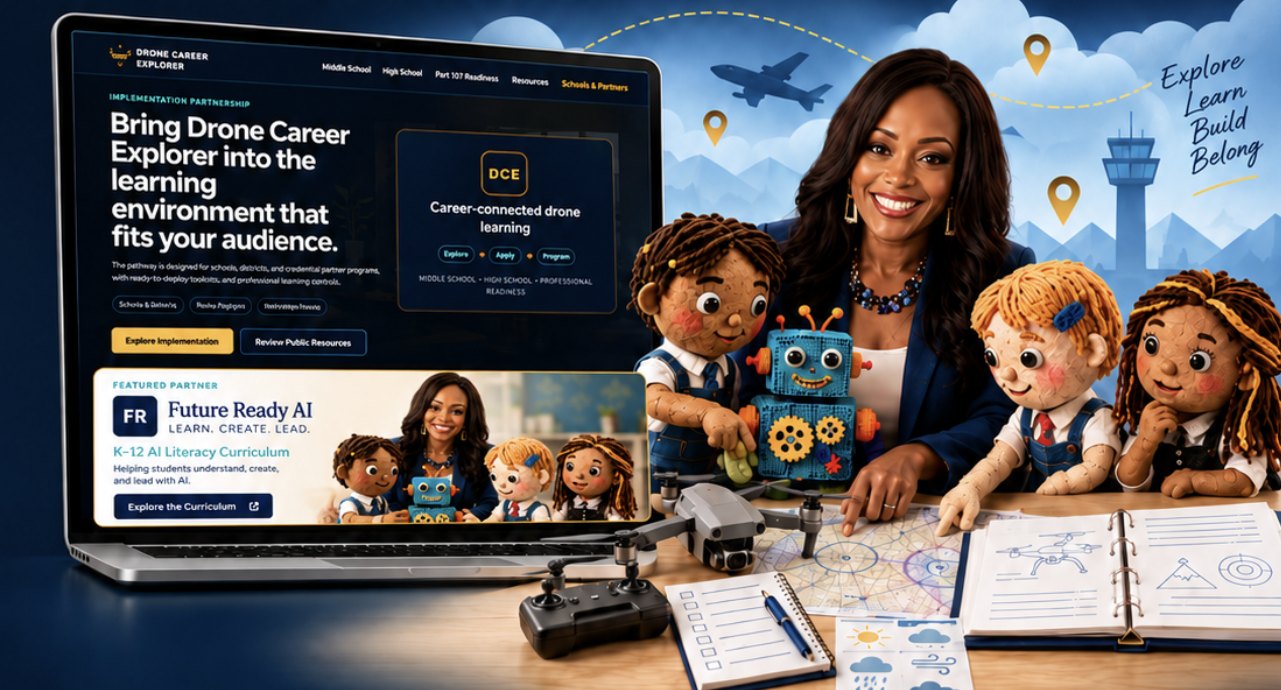 Drone Career Explorer partner site on a laptop beside Andrea, Future Ready AI characters, a drone and flight planning materials