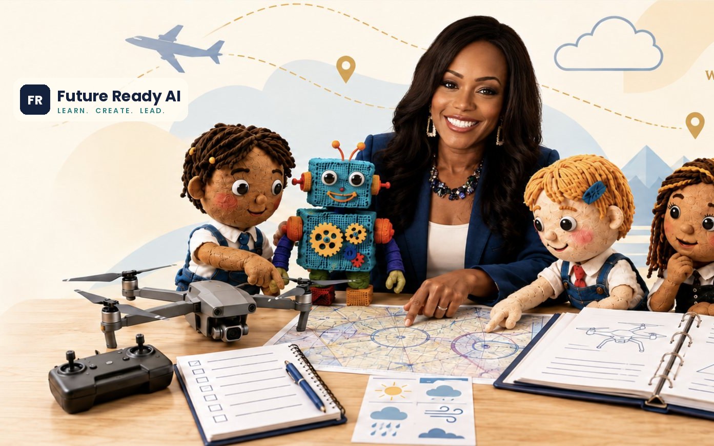 Future Ready AI: Andrea with student characters, a robot and a drone at a flight-planning table