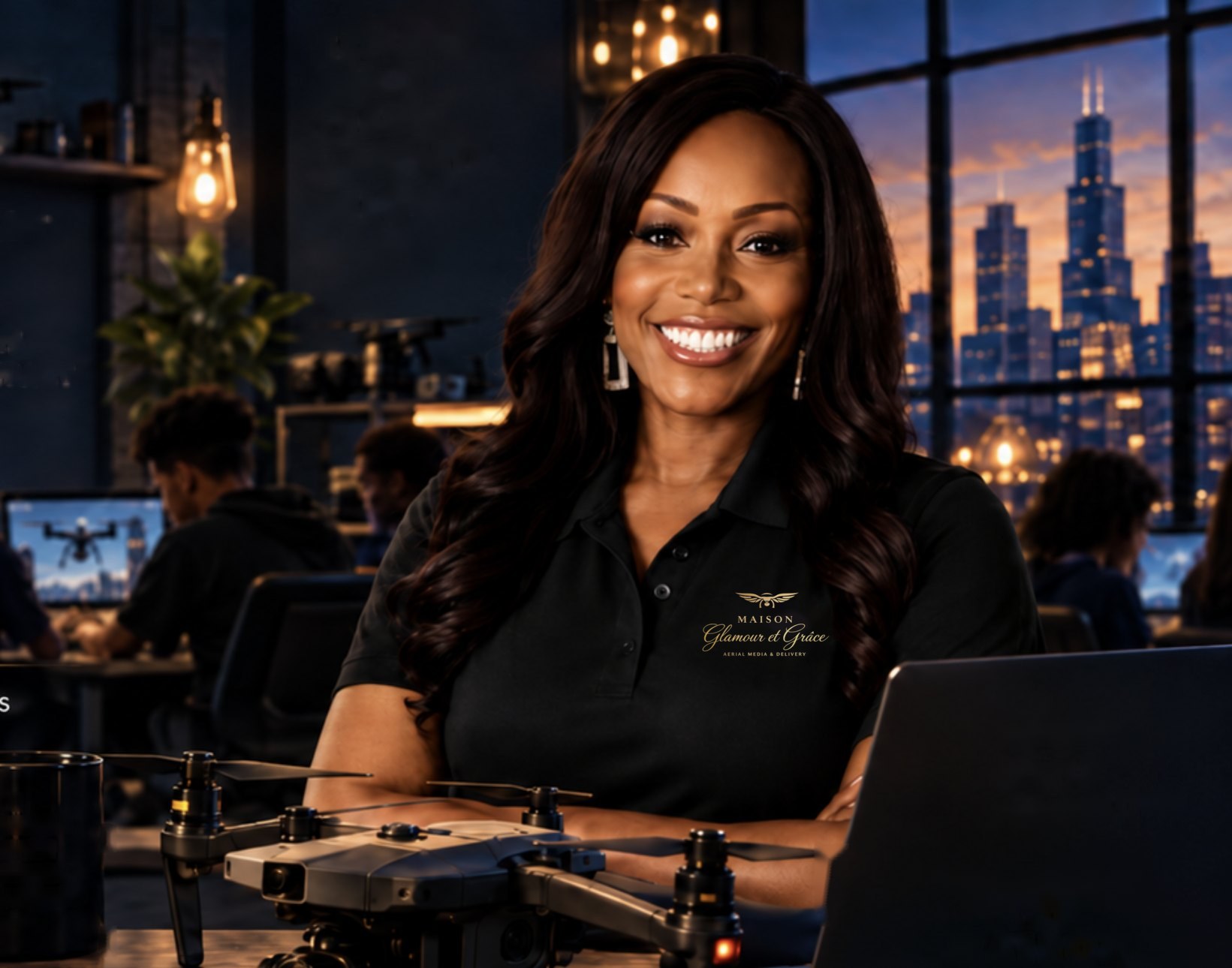 Andrea Davis-Baptiste at a desk with a drone in a Chicago drone classroom