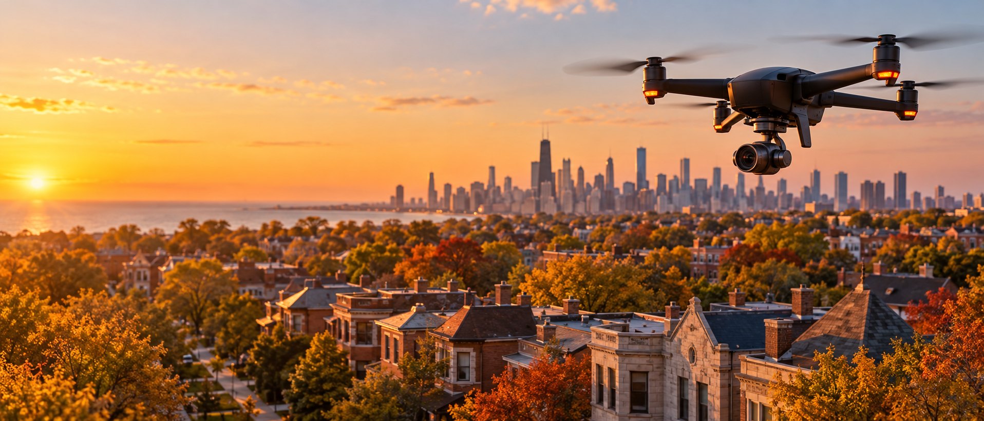 A drone above the rooftops of a Chicago neighborhood of brick and greystone homes at sunset, with the skyline and lake in the distance